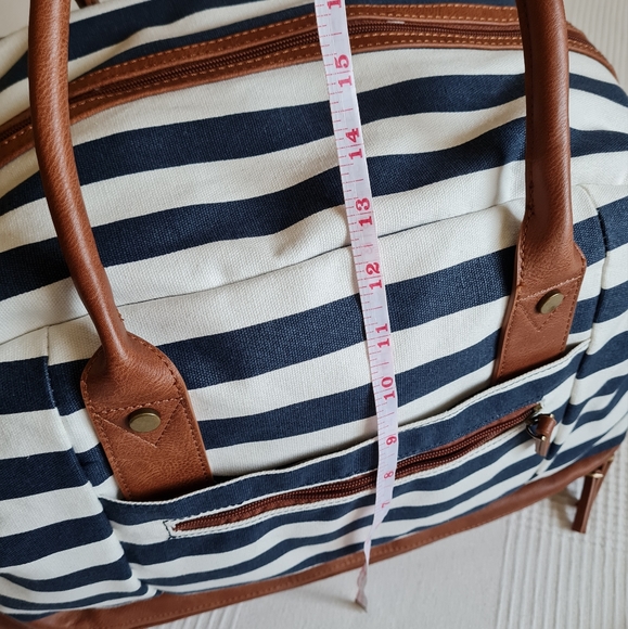 Canvas Weekender Travel Duffel Bag Shoe Compartment Navy Beige Boho Striped - Picture 5 of 16